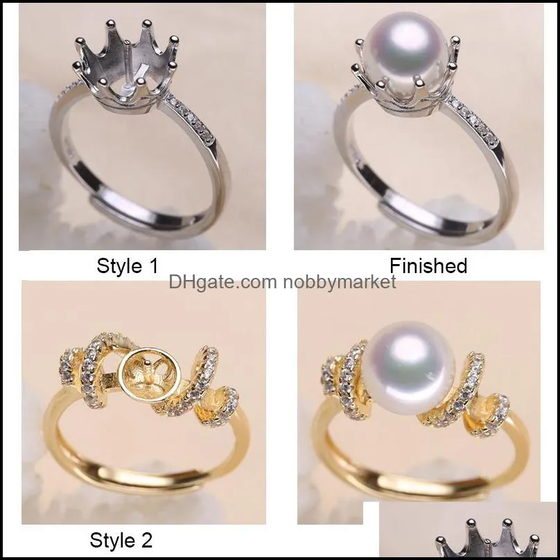 Shiny! 925 Silver DIY Pearl Ring Settings Shiny Zircon Ring for Women Girl Fashion Jewelry Ring For Adjustable Size Gift