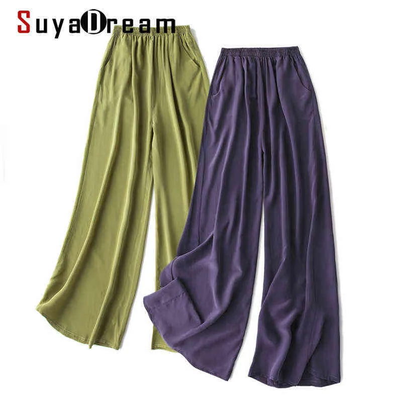 Suyadream Mulheres Legais Pants 100% Real Seda Elastic Elastic Elastic Long Office Senhora Primavera Verão Calças Preto 211124