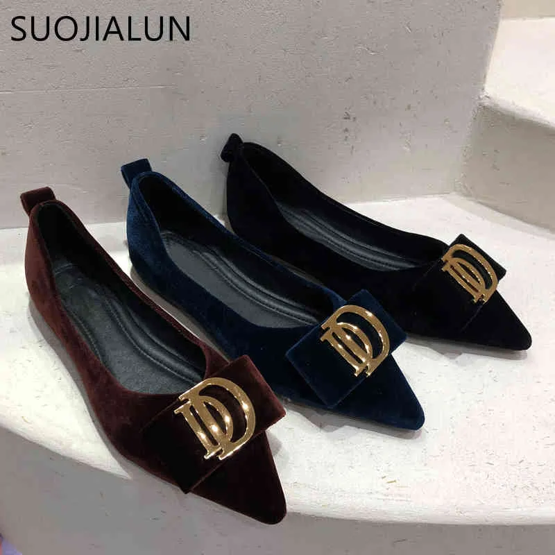 Suojialun Marka Tasarım Metal Toka Flats Bale Ayakkabı Sivri Burun Kadın Balerin Rahat Loafer'lar Zapatillas Mujer C0330