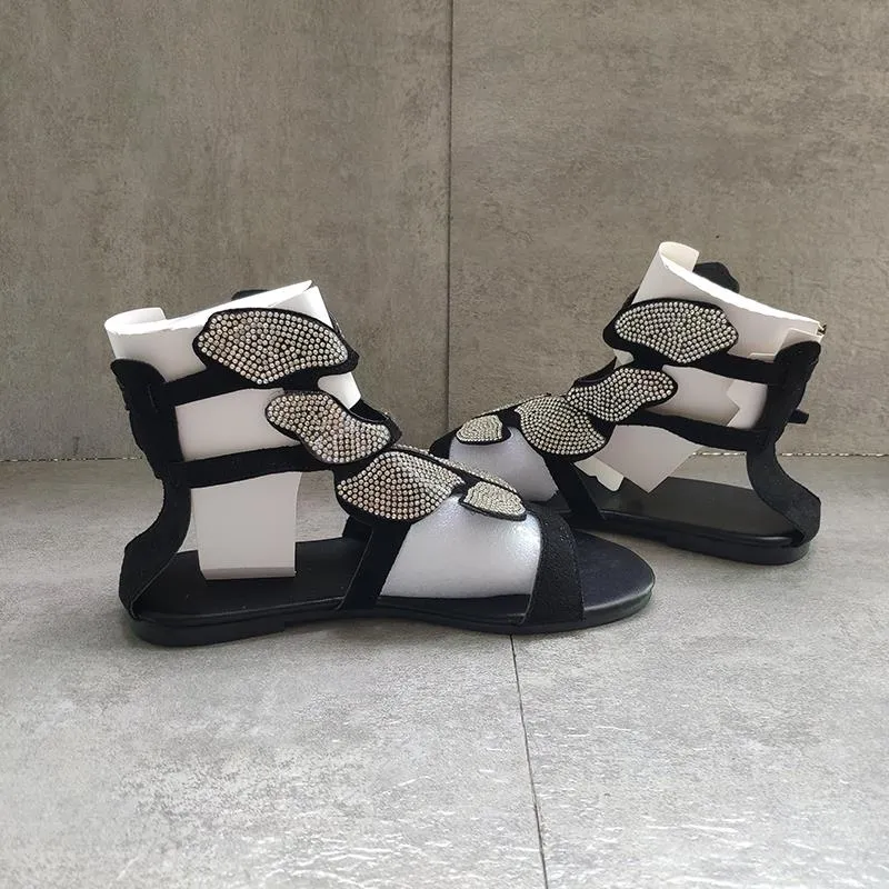 デザイナー女性靴ファッションクリスタルオープントゥアンクルサンダルブラックラインストーンローヒールフラットスリッパ夏の蝶くさび平らな快適なジッパーサンダル002
