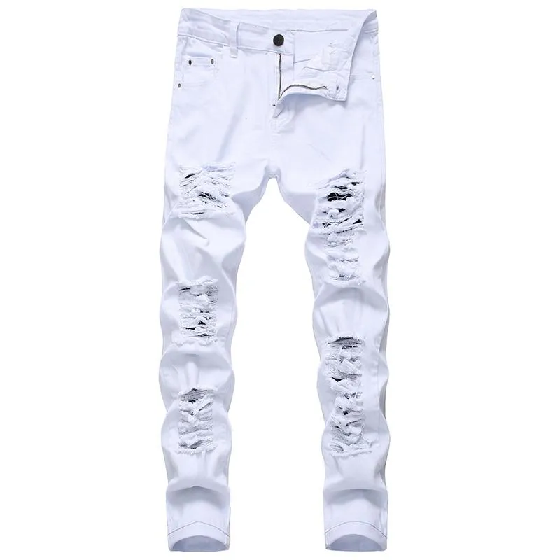 Mäns Jeans Denim Trousers Fashion Designer Brand White Right Hole Rippade Byxor Gjord Old