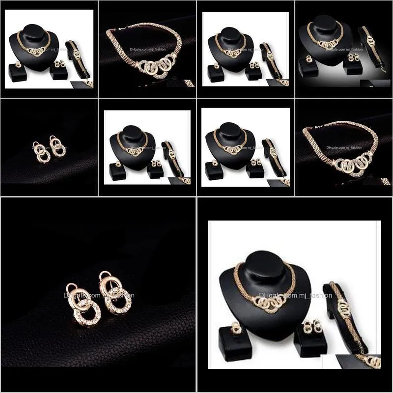 bracelets necklaces earrings rings sets women fashion rhinestone plated alloy circles party jewelry set wholesale 1611