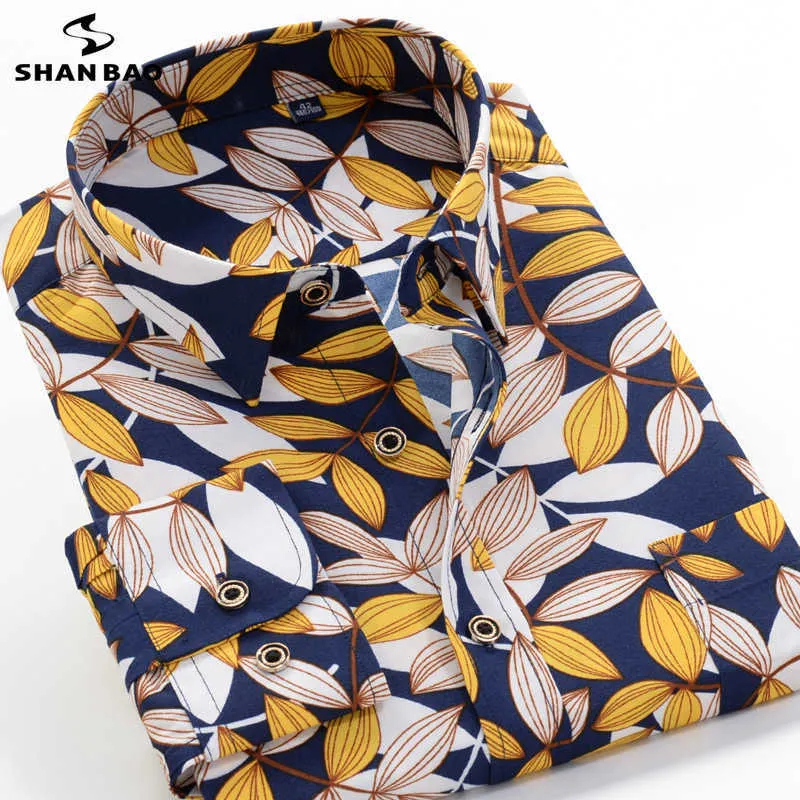 SHANBAO marca classica pianta foglia fiore stampa uomo sciolto camicia a maniche lunghe primavera taglia grande casual XXL-10XL 210721