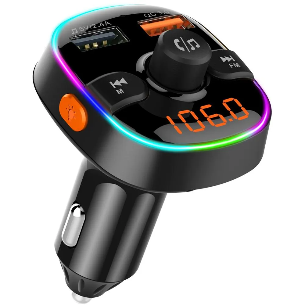 Kit vivavoce per auto Bluetooth Modulatore del trasmettitore FM Wireless 5.0 Lettore audio musicale MP3 QC3.0 Ricarica rapida Caricatore USB doppio Luce RGB Elettronica per auto