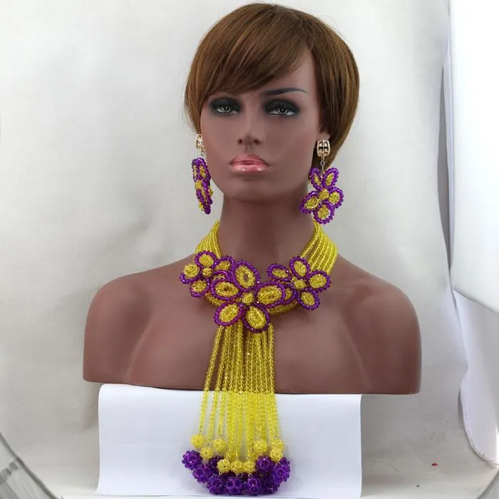 Brincos Colar gracioso traje Africano Jóias Jóias Amarelo / Purple Nigerian Wedding Crystal Bracelet Bridal Alj629