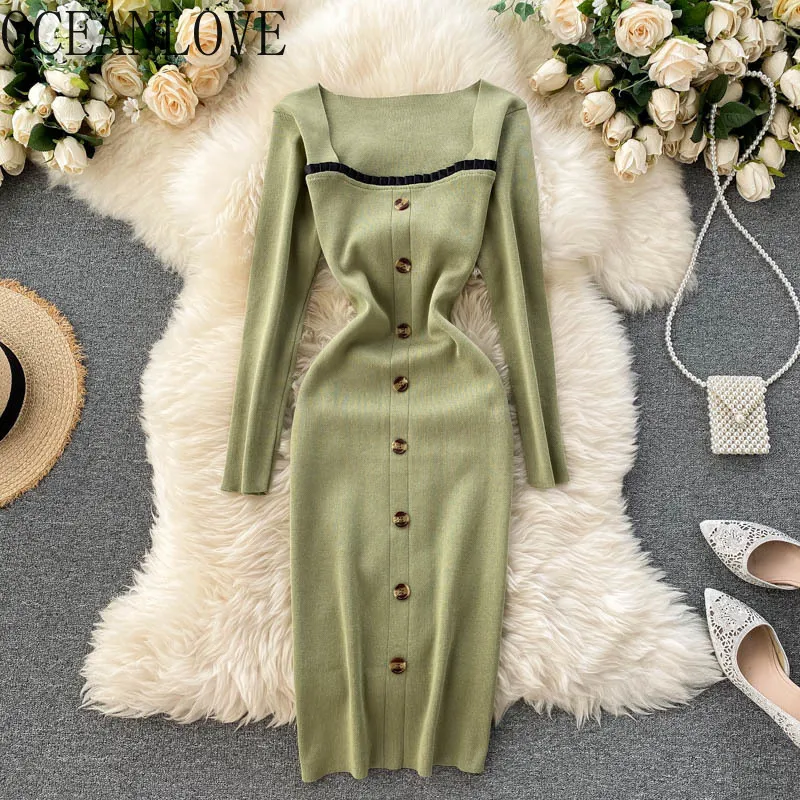 Robe Femme Gestrickte Stretch Pullover Kleid Frauen Herbst Winter Koreanische Vintage Bodycon Dressees Elegante 18176 210415