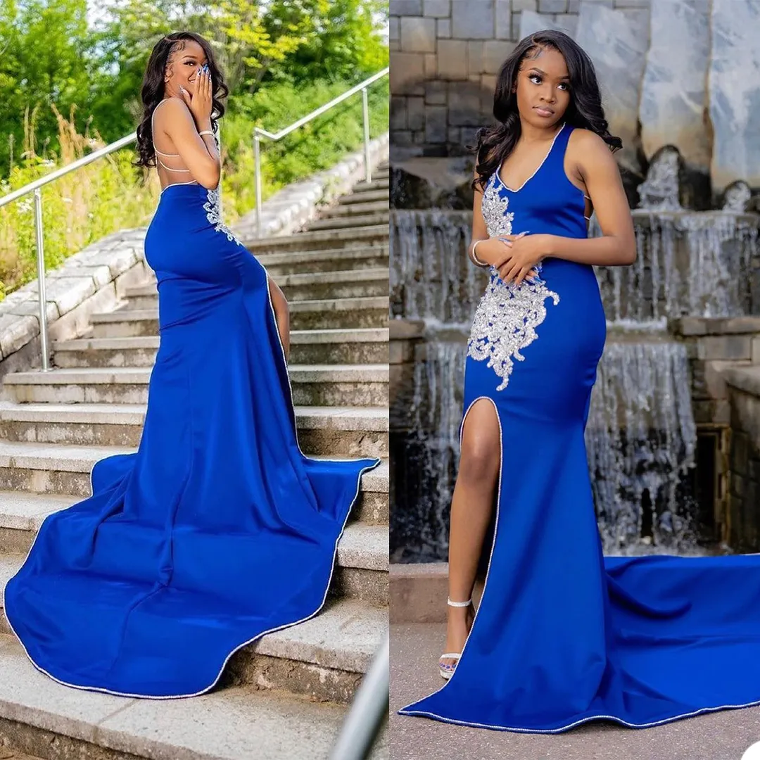 Vestidos de Noche rabes negros de sirena para ni as vestidos sexis de fiesta con Apliques de encaje y cuello en V vestido de fiesta con abertura