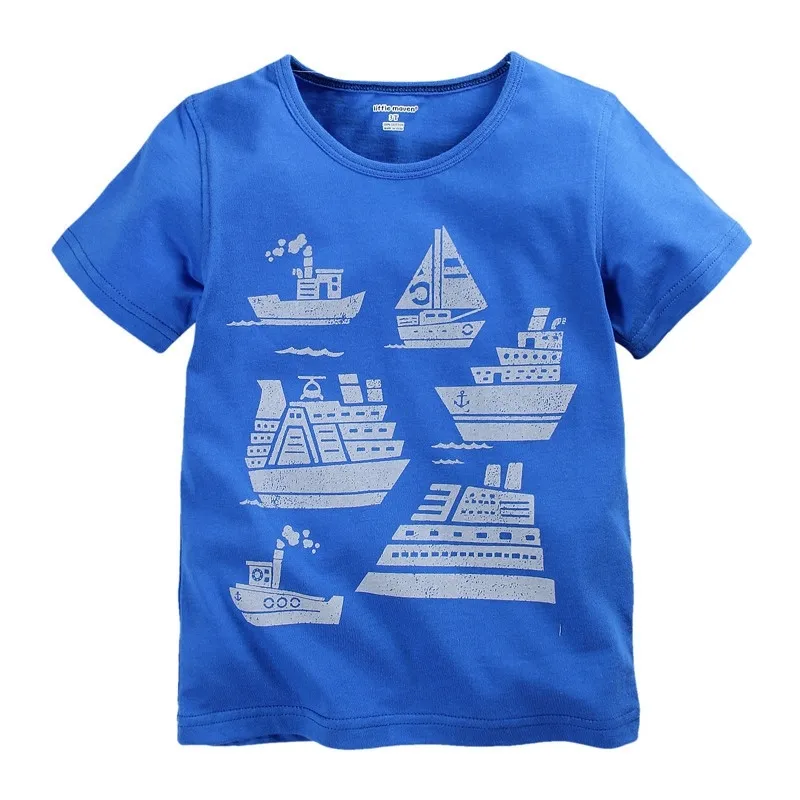Blue Boys T-Shirts Boat Ship Children Summer Clothes Fashion Kids Tee Shirts Jersey Baby Outfits 100% Cotton 1-6Year tops 210413