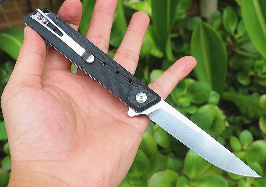 New Flipper Folding Knife 8Cr14Mov Satin Drop Point Blade Black G10 + Stainless Steel Handle Ball Bearing Fast-opening EDC Pocket Knives