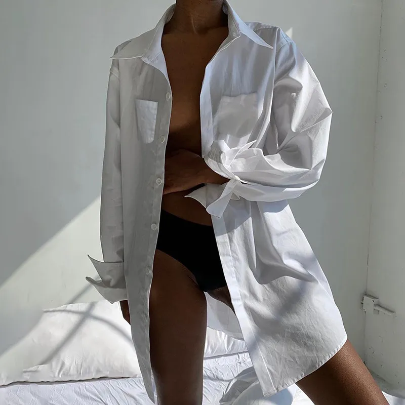 Piersi Turndowm Collar Solid Bluzka Moda Kobiety Z Długim Rękawem Single Sexy Tops Streetwear 2021 Wiosna Lato