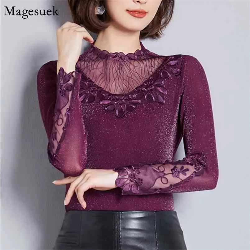 Hollow Sexy Mesh Ladies Tops Autumn Winter Fashion Long sleeve Women Shirt Floral Pullover Elegant Blouses Blusas 6915 50 210512