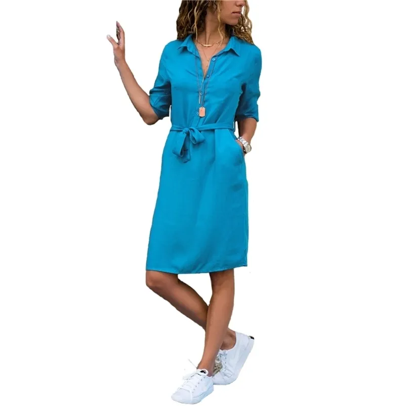 Mode-nedgångskrage Party Autumn Shirt Dress Women Solid Three Quarter Sleeve Summer Dress Plus Size Casual Vestidos Robe 210331