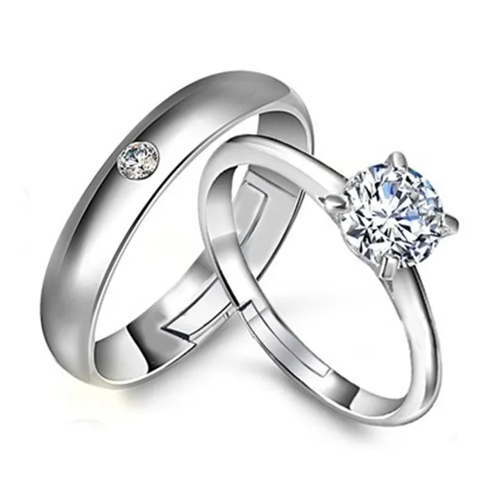 Adjustable Diamond Silver Simple Couple Wedding Ring For