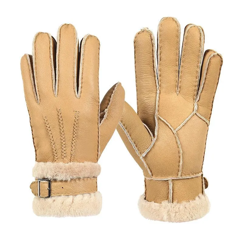 Five Fingers Gloves Sheepskin Winter For Women Men Real Cashmere Fur Warm Ladies Full Finger Genuine Leather Mitten