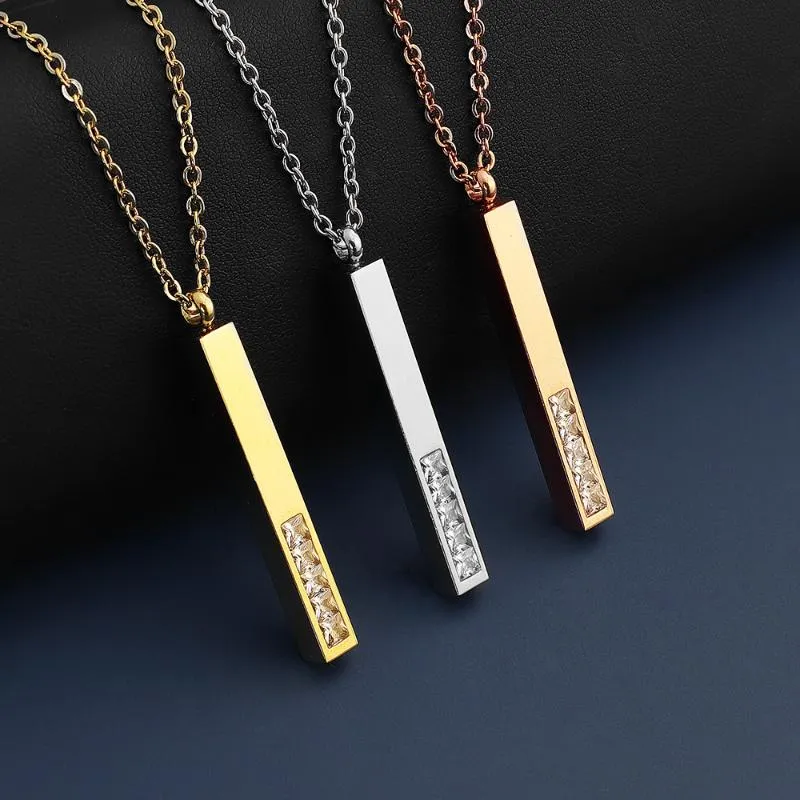Mirror Polished Stainless Steel Necklace Square Strip Bar Pendants Necklaces Zircon Crystal Fashion Women Men Jewelry Pendant