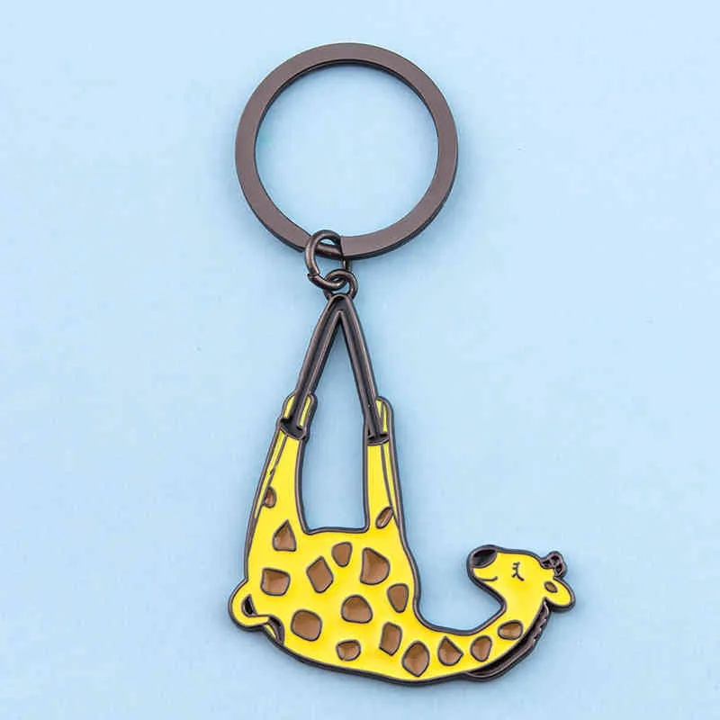 Cute Giraff Rings Kawaii Animal Women Girl Car ring Purse Pendant Bag Charm Key Chain Holders Lovers Couples Best Gift