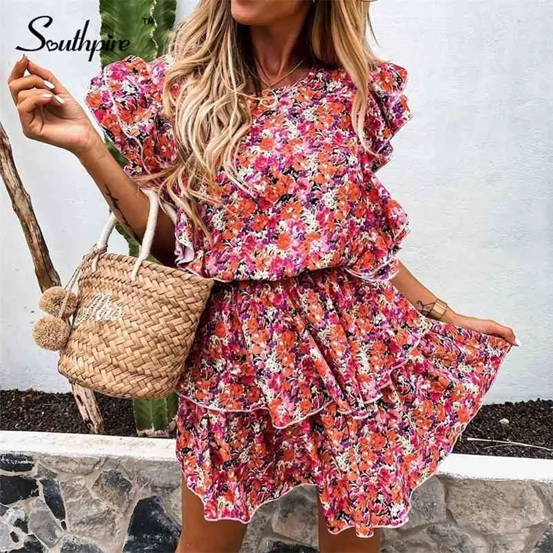 Southpire rouge imprimé fleuri Boho Dres a-ligne à manches courtes à volants été Mini journée fête plage robe d'été dames 210623