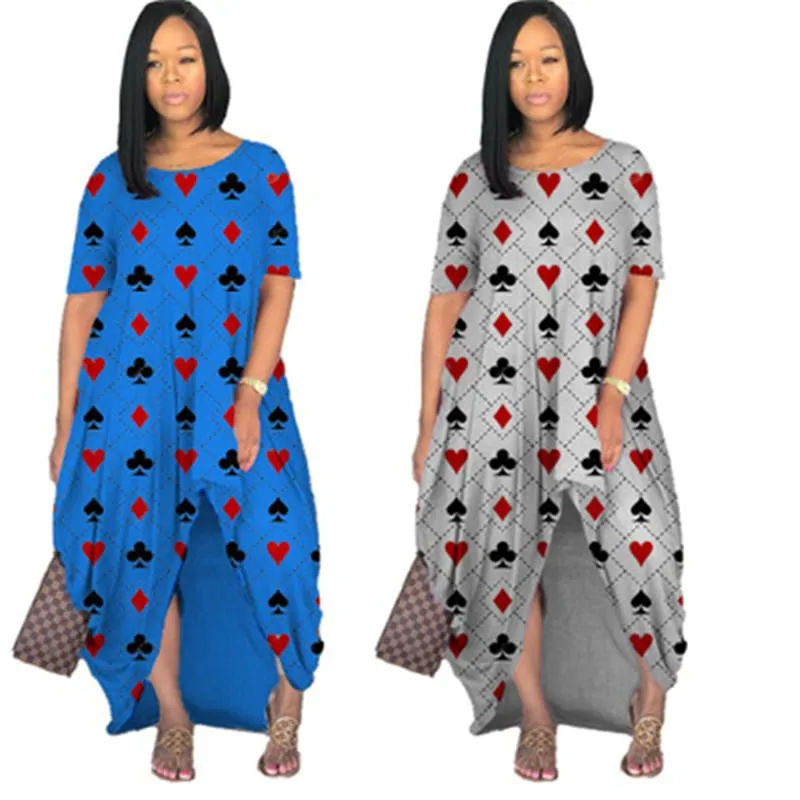 Femmes Poker Imprimer Robes Lâches Mode Occident Tendance Col Rond Casual Split Jupes Longues Designer Femme Robe À Manches Courtes