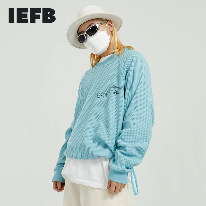 IEFB Herrkläder Vår O-Neck T-shirt Koreanska Trend Lös brev Skriv ut Casual Drawtring Hem Pullover Toppar 9Y5827 210524