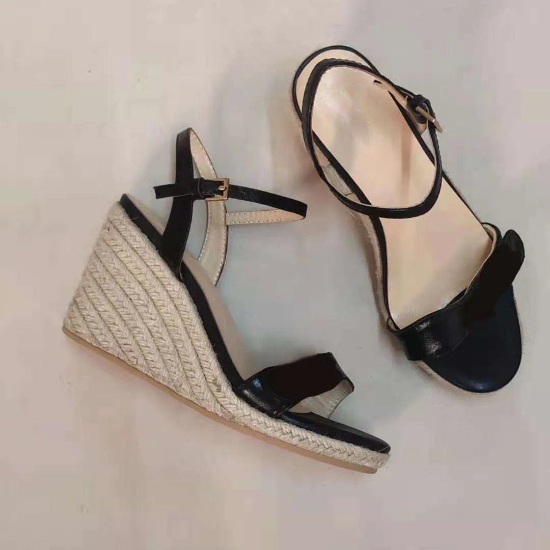 Vrouwen lederen wedge platform espadrille designer sandalen zwart wit kalfskin pomp hak hakken 85mm hoogte visser trouwjurk partij schoenen 291