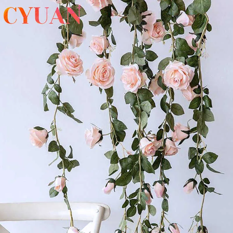 CYUAN 2M Fleurs artificielles Rose Ivy Vine Décor de mariage Real Touch Silk Flower Garland String avec des feuilles pour la maison suspendue Décor Y0728