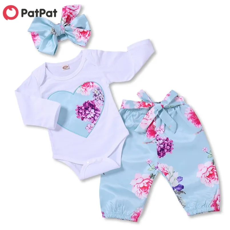 Primavera Autunno Cotone Casual nato Bellissimo body floreale e pantaloni Set fascia per capelli con fiocco per tuta da bambina 210528