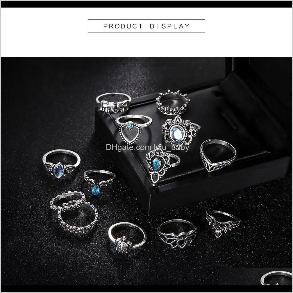 hot fashion jewelry ancient silver knuckle ring set crown heart elephant turtle stacking rings midi rings set 13pcs/set s291