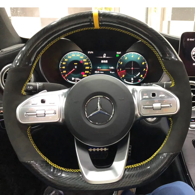 Moda 5D Carbono Fibersue Fibra De Couro Amarelo Marcador de Volante Mão De Costura Envoltório Capa Ajuste Para Mercedes-Benz A-Classe W177 2018-2019