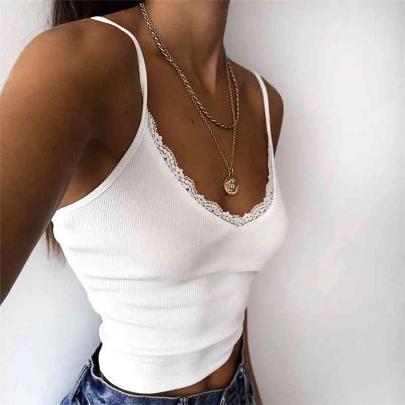 Summer sexy slim short tops Women V-neck Cami Top With Lace Trim camisole female burr Crop women 210508