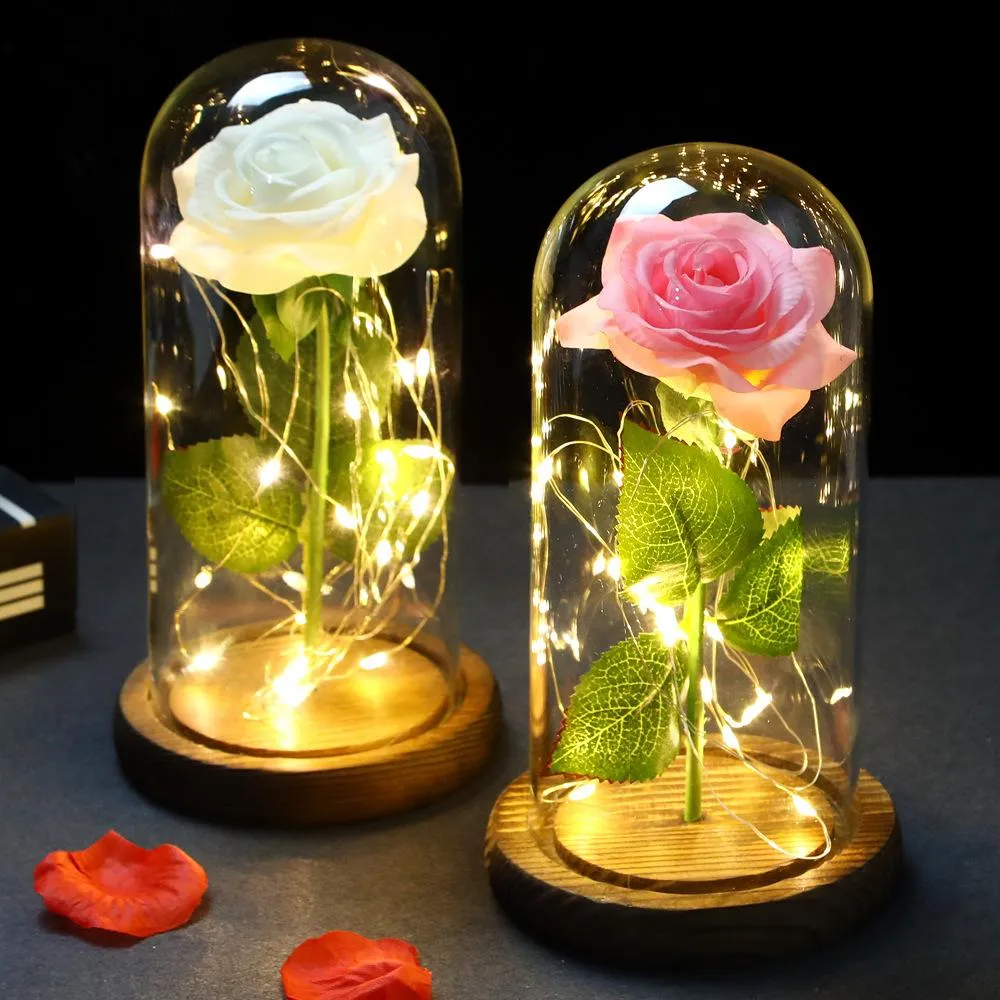 Decorative Flowers glass cover lamp artificial rose LED mother`s Day ornament Valentine`s gifts