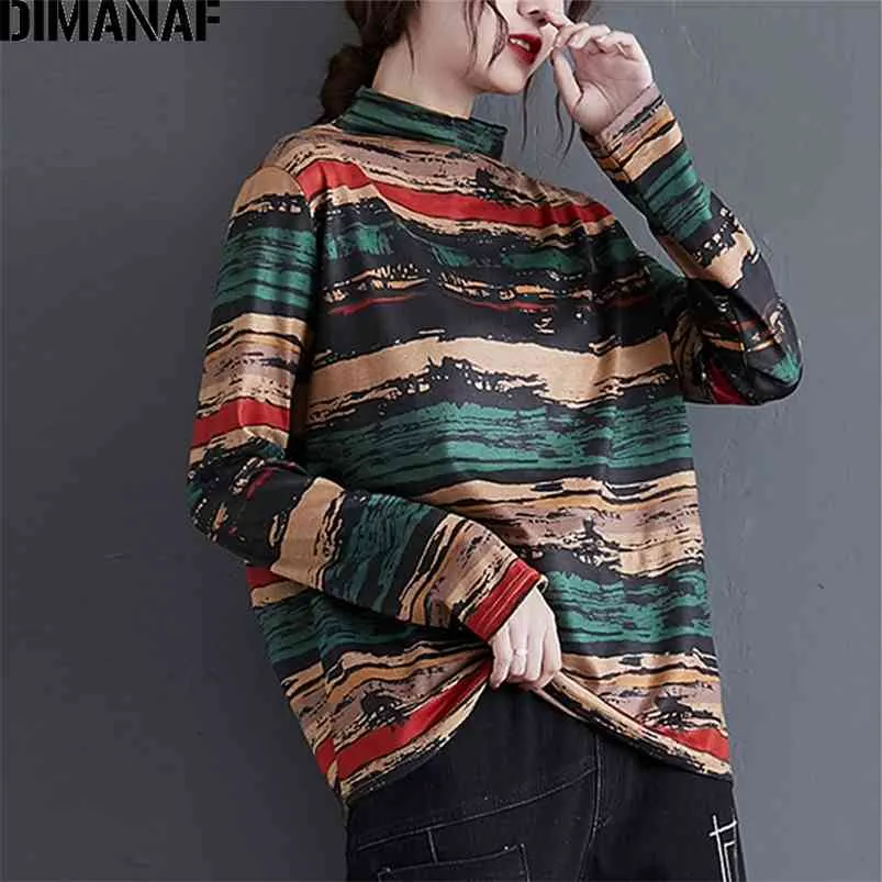 DIMANAF Plus Size Women T-Shirt Long Sleeve Tops Tunic Tee Vintage Print Cotton Knitting Loose Winter tshirt Thin Clothing 210623