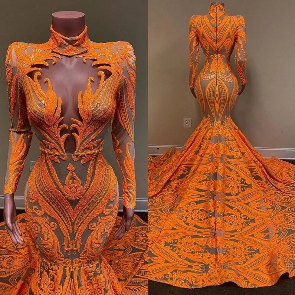 2021 Orange Meerjungfrau-Abschlussballkleider mit langen Ärmeln, Spitze und Pailletten, afrikanisches schwarzes Mädchen-Fischschwanz-Abendkleid in Übergröße