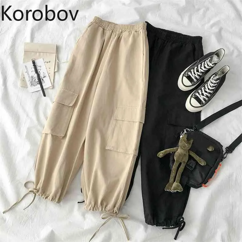 Korobov Preppy Style casual femmes Cargo pantalon coréen taille haute pantalon Vintage solide poches lâche femmes pantalon 210430