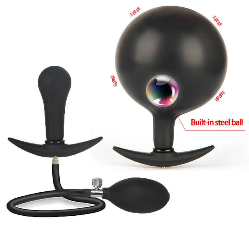 Inflatable Anal Plug Silicone Huge Anus Butt Dilator Expandable Prostate Massager with Metal Ball Sex Toys Women X0602