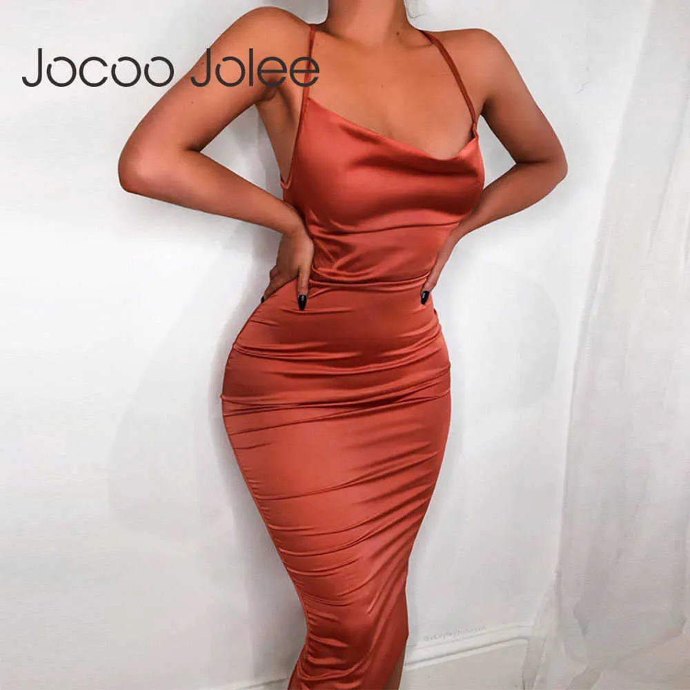 Jocoo Jolee Summer Neon Stain Luxury Long Dress Sexy Backless Lace Up Club Party Dress Elegant Strap Slim Maxi Silk Dress 210619