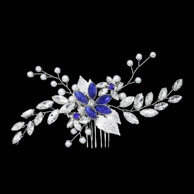 Adornos para el cabello de boda con diamantes de imitación azules elegantes hechos a mano, pasadores de perlas simuladas, peinetas nupciales, accesorios para novia