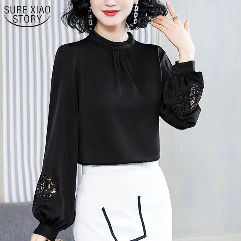 Lantern Sleeve Long Satin Shirt Spring Fashion Western Style Slim Mulberry Silk Embroidered Blouse Tops Blusas 13042 210508