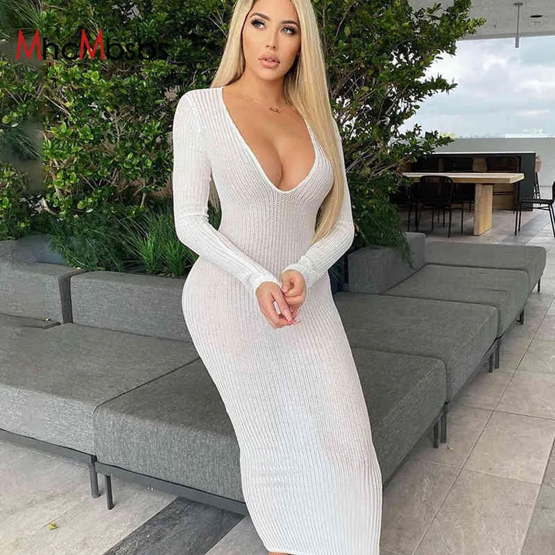 Ribbed Knitted Bodycon Maxi Dress Women Stretchy Long Sleeve Sexy Deep V Neck Black White See Through Basic Slim Dresses 210517