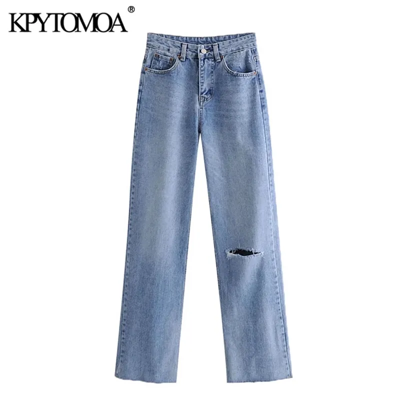 Women Chic Fashion Hollow Out Ripped Straight Denim Jeans High Waist Zipper Fly Female Trousers Mujer 210420