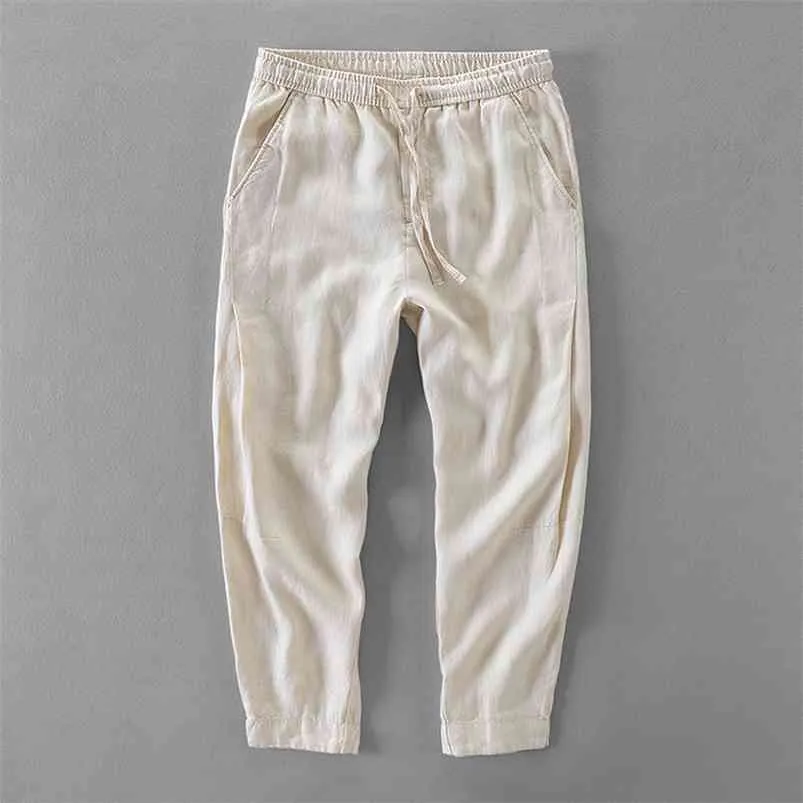 Männer Sommer Mode Marke Japan Stil Vintage Leinen Gerade Knöchel-länge Hosen Männliche Casual Lose Dünne Einfarbig Hosen 210715