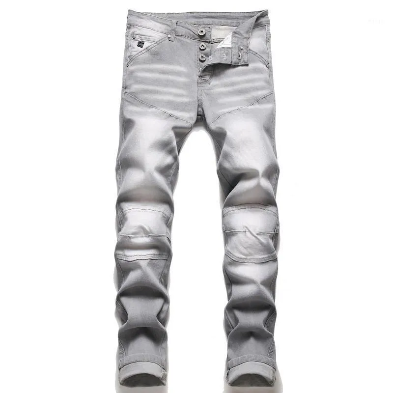 Jeans masculinos cinzentos homens splicing homens skinny casual algodão clássico rasgado denim para encaixe em linha fita harajuku motociclista jean roupas