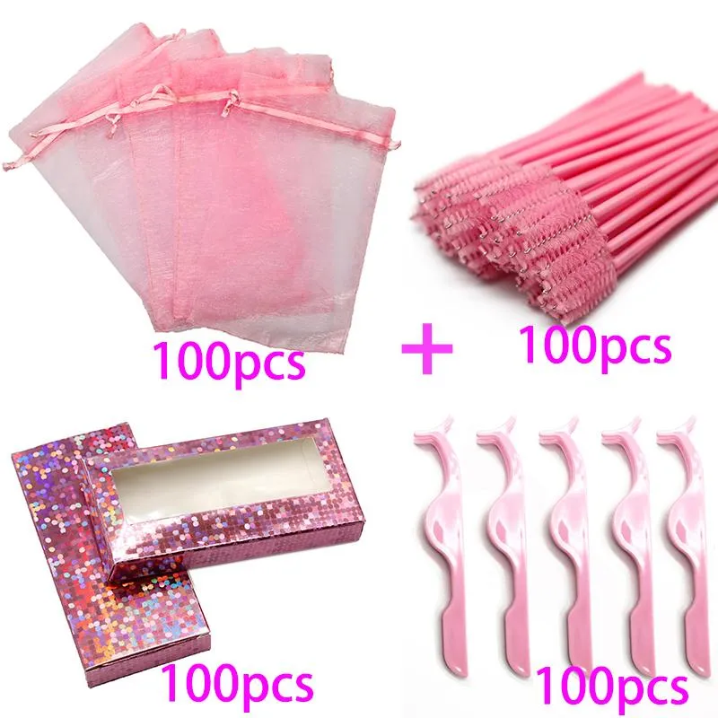 Pestañas postizas 50/100pcs 4 en 1 bolso de pestañas a granel Caja de color rosa brillante con pinceles y pinzas de pestañas