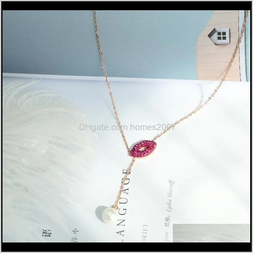 yun ruo 2020 new arrivals rose gold color crystal lip pendant necklace fashion titanium steel woman jewelry not fade & allergic