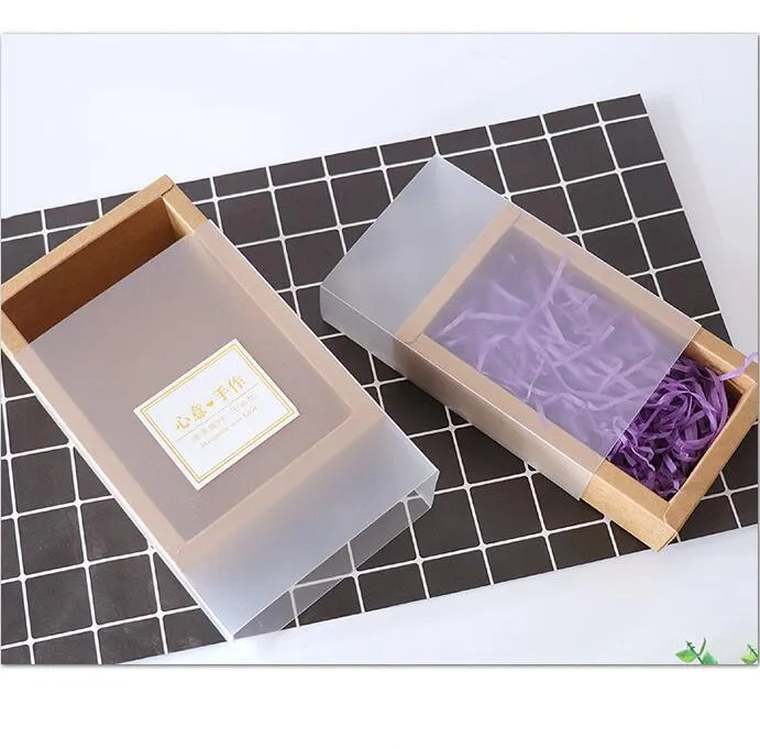 Hediye Paketi Toptan 20 ADET Buzlu PVC Kapak Kraft Kağıt Çekmece Kutuları DIY Kutusu Düğün Parti Ambalaj Için