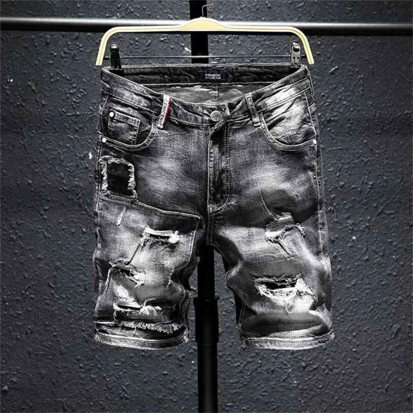 Мужчины серые рваные джинсовые шорты летние отверстия черные джинсы высококачественные мягкие хлопчатобумажные растягивающие джинс длина колена 210716