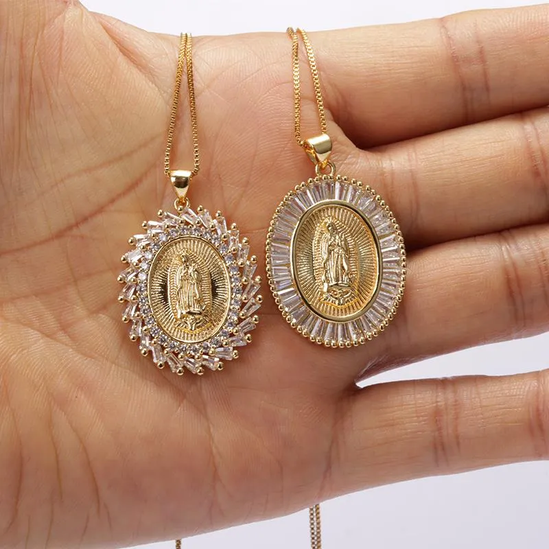 Pz/lotto Oro Vergine Maria Ciondolo Pavè di Cristallo Bianco Zircone Cubico Collana di Gioielli Religiosi Per Collane da Donna