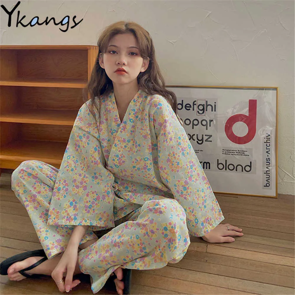 Vintage Floral Pyjama Kimono Women Summer Spring Room Wear Japanese Kawaii Pajamas Femme Loose Casual Pijama 2pcs Sets Sleepwear 210619