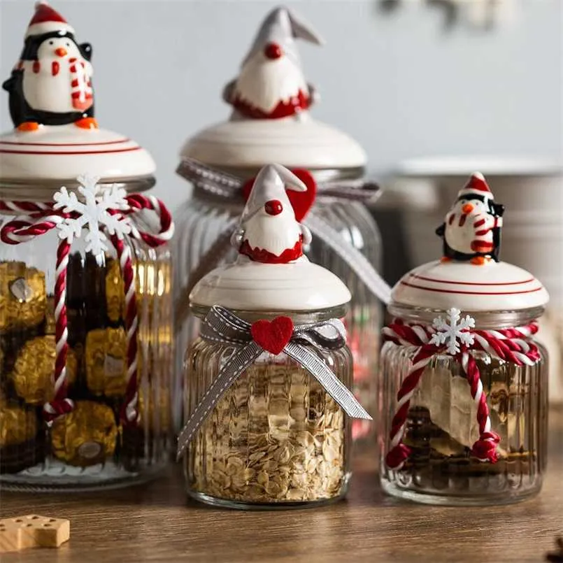 Verre Snack Bonbons Bocal De Stockage Des Aliments Scellé De Qualité Alimentaire Couvercle En Silicone Cuisine Conteneurs De Céréales Bouteilles Cadeau De Vacances De Noël 211110