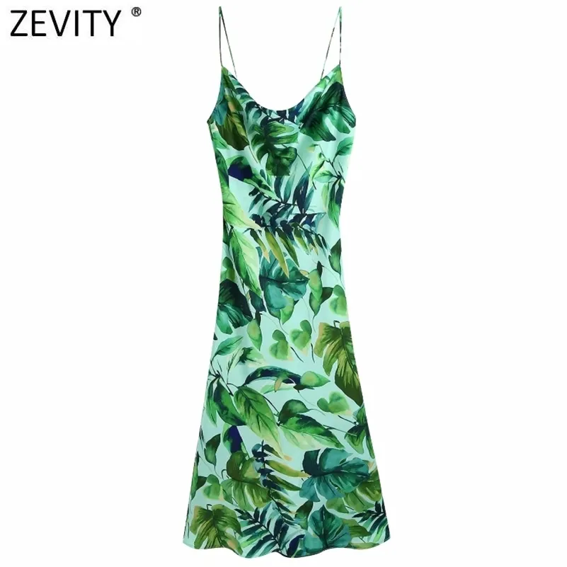 Vrouwen tropische groene bladeren print innerlijke sling jurk vrouwelijke spaghetti riem kant gespleten vestidos chique zomer jurken DS8278 210416