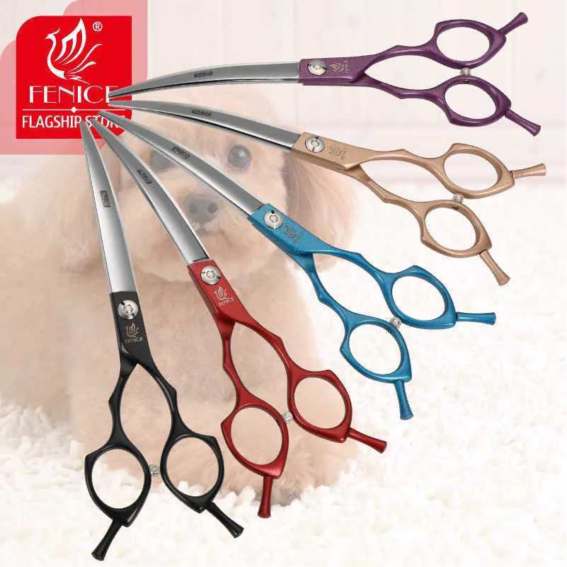 Fenice 6.5/7.0 inch Colorful Professional Pets Grooming Scissors Curved Dogs Hair Cutting Shear Japan 440C 211007